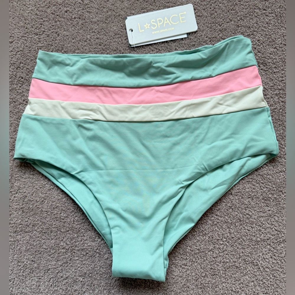 l*space - Portia Stripe Bikini Bottom - High Waist - POOL CREAM PINK Stripe